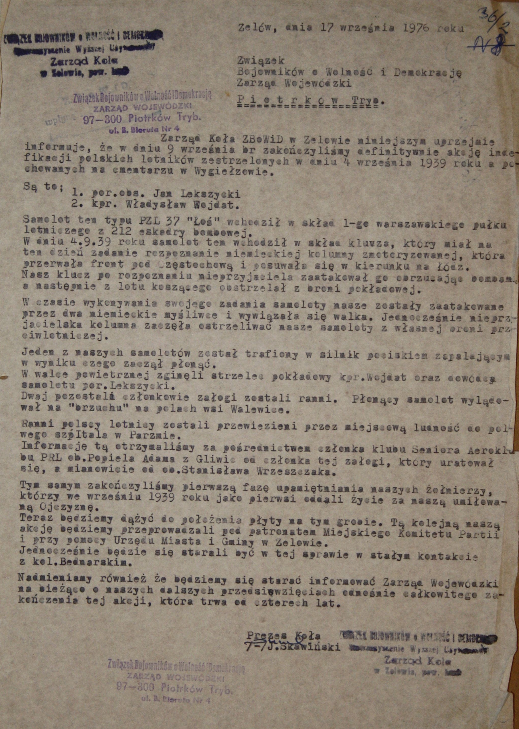 Pismo w sprawie identyfikacji polskich lotników zestrzelonych 4 września 1939 r. pod Walewicami.